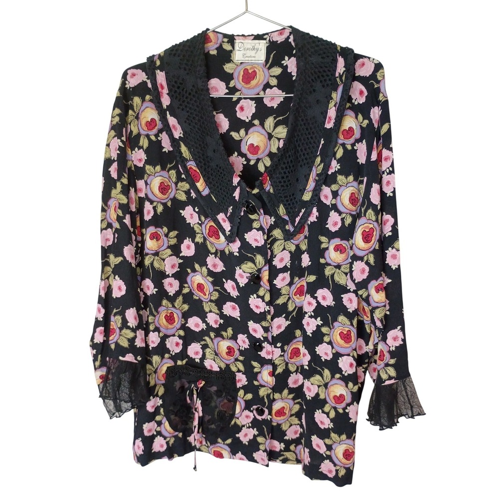 Dorothy's Creations Vintage Floral Blouse Black Pink Rose Crochet Lace Collar